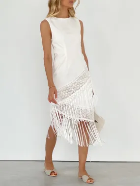 Taylor Asymmetric Fringe Dress | Ivory White 